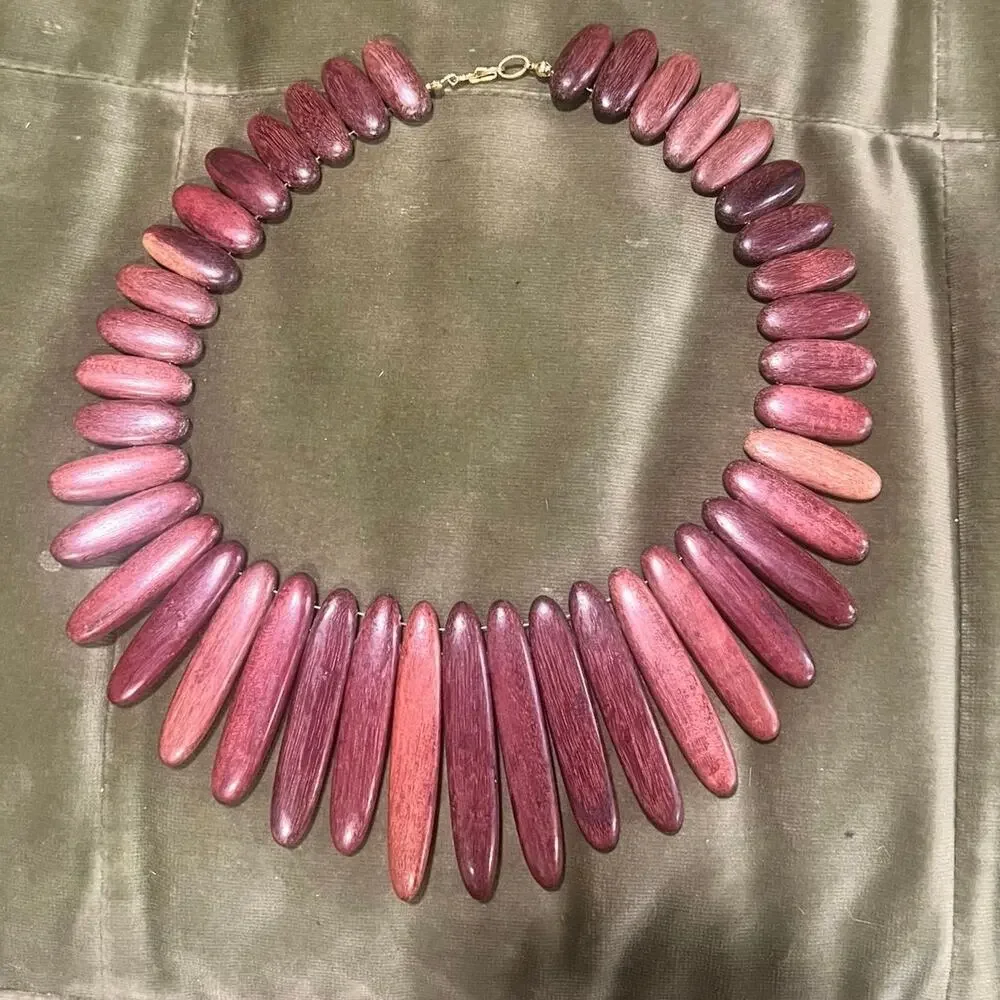 Vintage Style Wood Statement Necklace Burgundy Plum Graduated Fringe Bib Boho